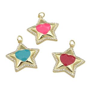 copper Star pendant paved zircon, enamel, gold plated, mixed, approx 22mm