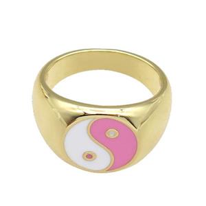 copper Ring with pink enamel Taichi, gold plated, approx 12mm, 17mm dia