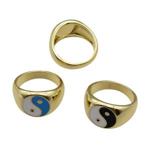 copper Ring with enamel Taichi, yinyang, gold plated, approx 12mm, 17mm dia
