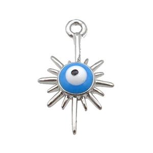 copper Evil Eye pendant with blue enamel, platinum plated, approx 9-15mm