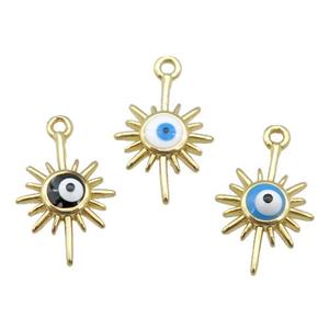 copper Evil Eye pendant with enamel, gold plated, mixed, approx 9-15mm