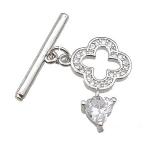 copper Toggle Clasp paved zircon, clover, platinum plated, approx 8mm, 12mm, 20mm