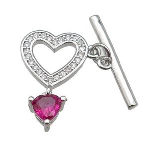 copper Toggle Clasp paved zircon, heart, platinum plated, approx 8mm, 12mm, 20mm