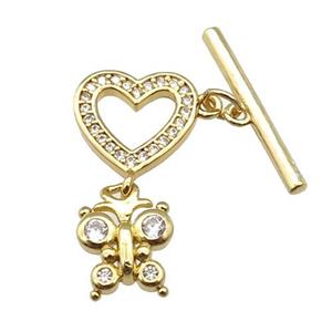 copper Toggle Clasp paved zircon, heart, gold plated, approx 9-12mm, 12mm, 20mm