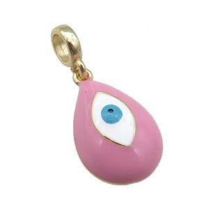 copper Evil Eye pendant with pink enamel, large hole, gold plated, approx 11-16mm, 6mm, 4mm hole