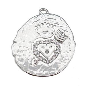copper cupid heart pendant paved zircon, platinum plated, approx 22-25mm