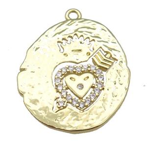 copper cupid heart pendant paved zircon, gold plated, approx 22-25mm