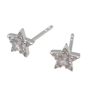 copper Stud Earring paved zircon, star, platinum plated, approx 6mm