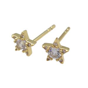 copper Stud Earring paved zircon, star, gold plated, approx 6mm