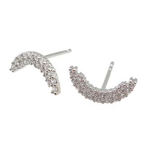 copper Stud Earring paved zircon, moon, platinum plated, approx 6-12mm