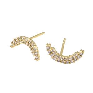 copper Stud Earring paved zircon, moon, gold plated, approx 6-12mm