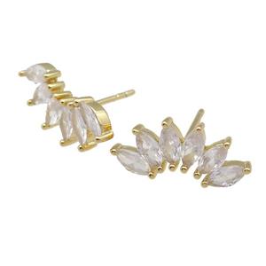 copper Stud Earring paved zircon, gold plated, approx 7.5-16.5mm