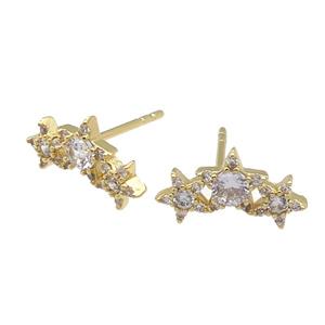 copper Stud Earring paved zircon, star, gold plated, approx 7-12.5mm