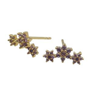 copper Stud Earring paved zircon, flower, gold plated, approx 6-13mm