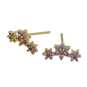 copper Stud Earring paved purple zircon, flower, gold plated, approx 6-13mm