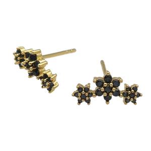 copper Stud Earring paved black zircon, flower, gold plated, approx 6-13mm