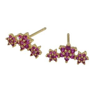 copper Stud Earring paved hotpink zircon, flower, gold plated, approx 6-13mm