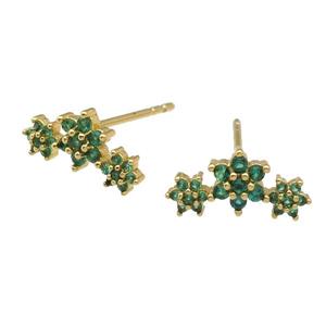 copper Stud Earring paved green zircon, flower, gold plated, approx 6-13mm