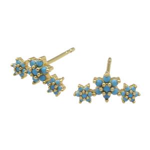 copper Stud Earring paved turq zircon, flower, gold plated, approx 6-13mm