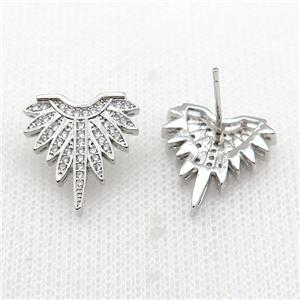 copper Stud Earring paved zircon, wing, platinum plated, approx 17-17.5mm