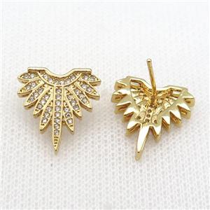 copper Stud Earring paved zircon, wing, gold plated, approx 17-17.5mm