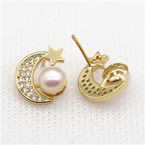 copper moon Stud Earring paved zircon with pearlized shell, gold plated, approx 12-14mm