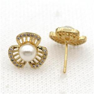 copper flower Stud Earring paved zircon with pearlized shell, gold plated, approx 12.5mm