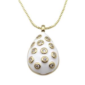 copper Necklace with teardrop paved zircon, white enamel, gold plated, approx 14-20mm, 45cm length
