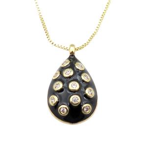 copper Necklace with teardrop paved zircon, black enamel, gold plated, approx 14-20mm, 45cm length
