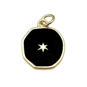 copper circle pendant with black enamel, star, gold plated, approx 14-15mm