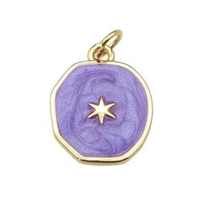 copper circle pendant with purple enamel, star, gold plated, approx 14-15mm