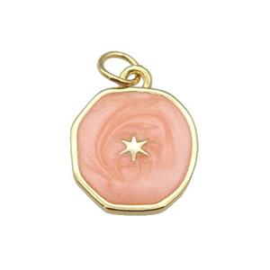 copper circle pendant with peach enamel, star, gold plated, approx 14-15mm