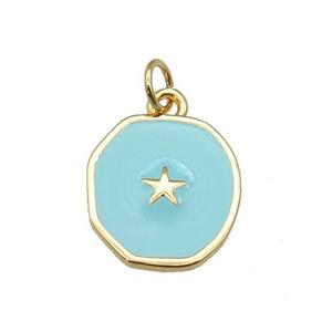copper circle pendant with teal enamel, star, gold plated, approx 14-15mm