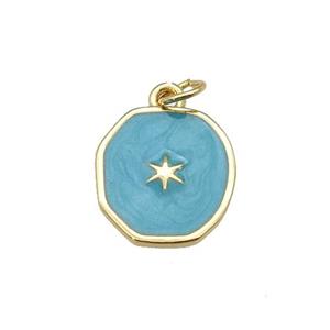 copper circle pendant with deepgreen enamel, star, gold plated, approx 14-15mm
