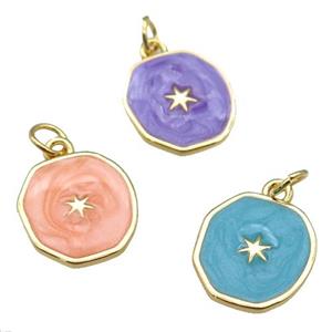 copper circle pendant with enamel, star, gold plated, mixed, approx 14-15mm