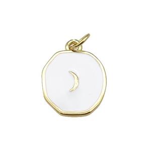 copper circle pendant with white enamel, moon, gold plated, approx 14-15mm