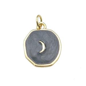 copper circle pendant with black enamel, moon, gold plated, approx 14-15mm