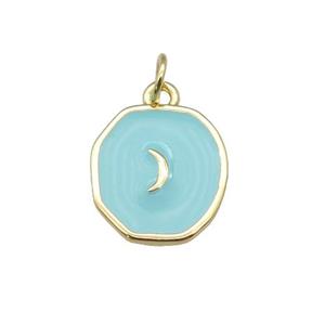 copper circle pendant with teal enamel, moon, gold plated, approx 14-15mm