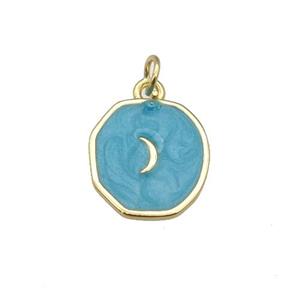copper circle pendant with deepgreen enamel, moon, gold plated, approx 14-15mm
