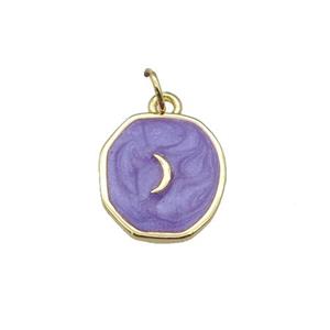 copper circle pendant with purple enamel, moon, gold plated, approx 14-15mm