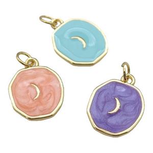 copper circle pendant with enamel, moon, gold plated, mixed, approx 14-15mm