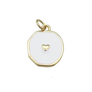 copper circle pendant with white enamel, heart, gold plated, approx 14-15mm