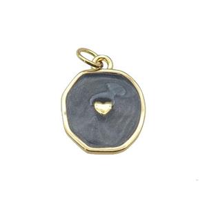 copper circle pendant with black enamel, heart, gold plated, approx 14-15mm