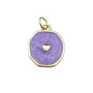 copper circle pendant with purple enamel, heart, gold plated, approx 14-15mm