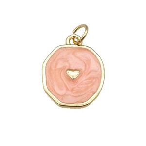 copper circle pendant with peach enamel, heart, gold plated, approx 14-15mm