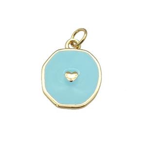 copper circle pendant with teal enamel, heart, gold plated, approx 14-15mm