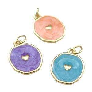 copper circle pendant with enamel, heart, gold plated, mixed, approx 14-15mm