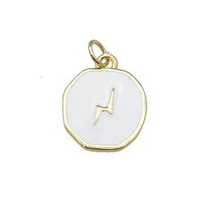 copper circle pendant with white enamel, lightning, gold plated, approx 14-15mm