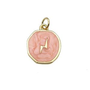 copper circle pendant with peach enamel, lightning, gold plated, approx 14-15mm
