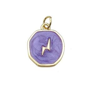 copper circle pendant with purple enamel, lightning, gold plated, approx 14-15mm